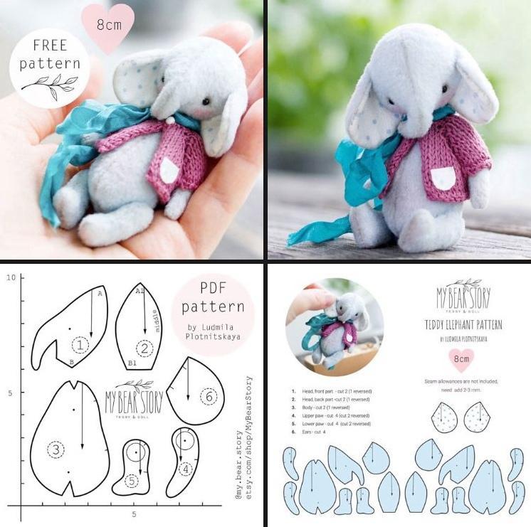Как сшить игрушку слона тедди, выкройка слона тедди, How to sew a teddy elephant toy, free pattern of a teddy elephant