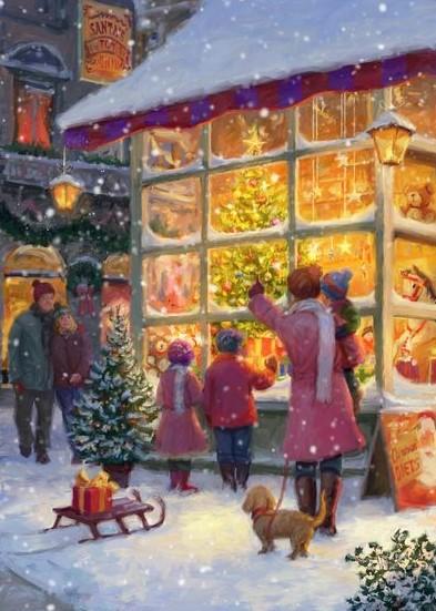 дети у новогодней витрины игрушек, children at the Christmas showcase of toys, дети зимой у магазина игрушек, children in the winter at the toy shop