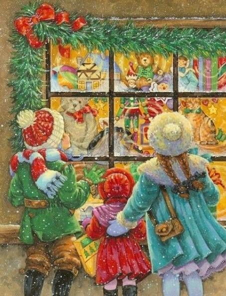 дети у новогодней витрины игрушек, children at the Christmas showcase of toys, дети зимой у магазина игрушек, children in the winter at the toy shop