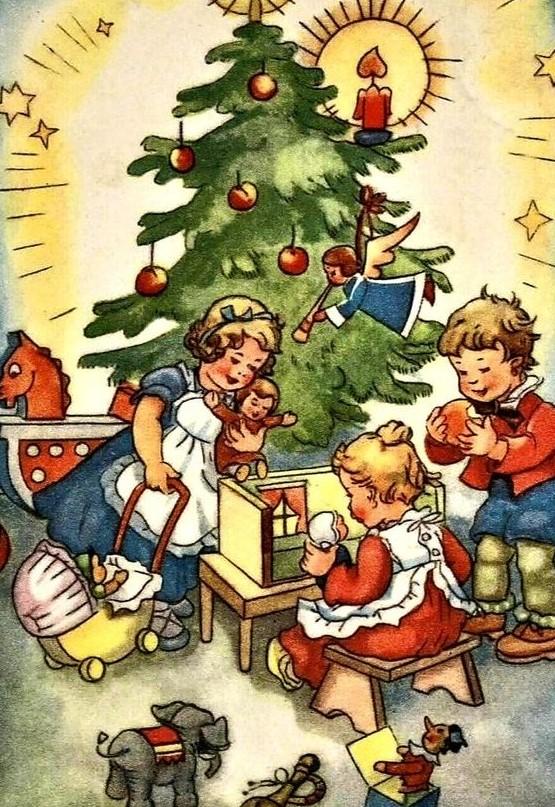 ретро открытка, игрушки, дети с игрушками, Санта Клаус с игрушками, винтажная открытка, открытка с игрушками, retro postcard, vintage postcard, открытка с детьми и игрушками