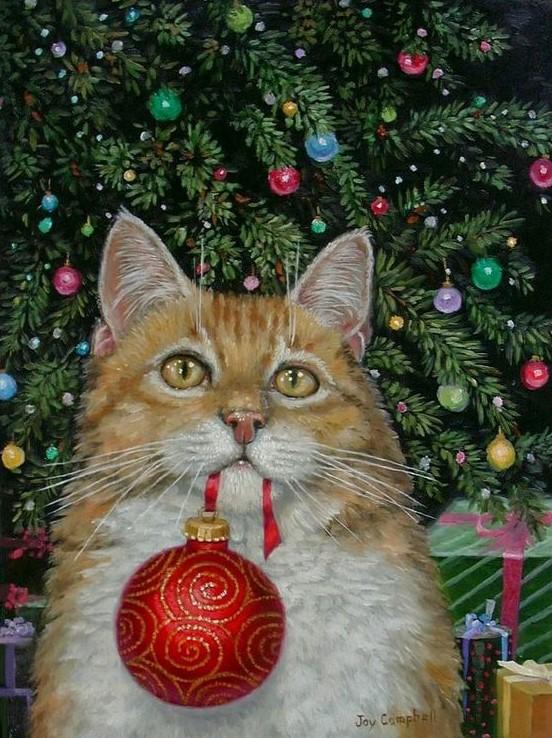 Коты с новогодние ёлочные игрушки на картинах художников, Cats with Christmas toys in the paintings of artists